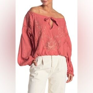 Free People Maria Maria coral Long Sleeve Tie Front Blouse FALL VIBES